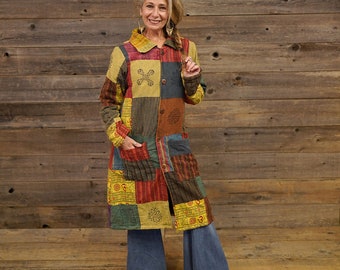 Boho hippie overdye katoenen patchwork lange jas met knopen, voorzakken en fleece voering