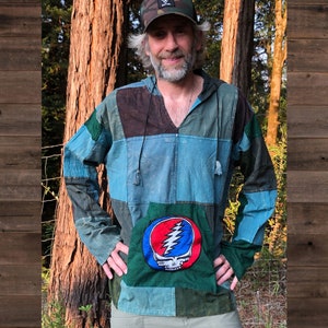 TEN JED Unisex Hippie Cotton Patchwork Hoodie w/ Grateful Dead Steal Your Face Embroidery