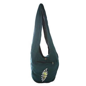May include: A dark teal shoulder bag with a single strap. The bag features a zippered pocket and a button closure. A white and yellow lightning bolt graphic is printed on the front. The bag is made of a soft, durable fabric.