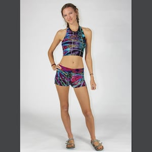 Tie Dye Patchwork booty shorts with outer stitching detail