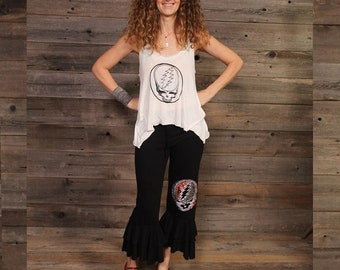 Boho Hippie Cotton Ruffle Capri with Grateful Dead Embroidery On One Leg