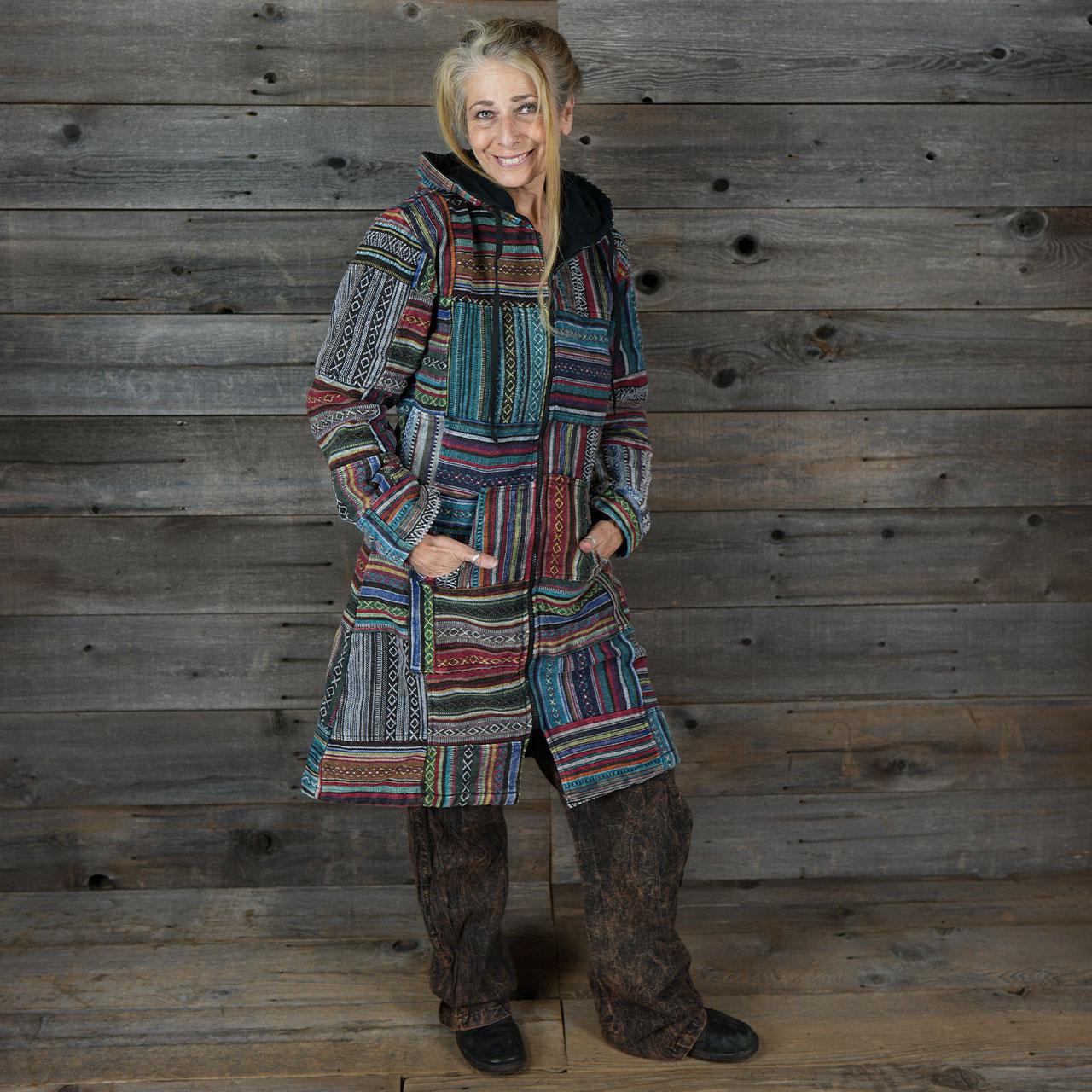 Cotton Stonewash Patchwork  Long Jacket w/ Fleece Lining  w/ Mandala Embroidery