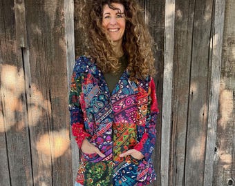 Cotton Tapestry Patchwork Oversized Jacket with large collar and Pockets