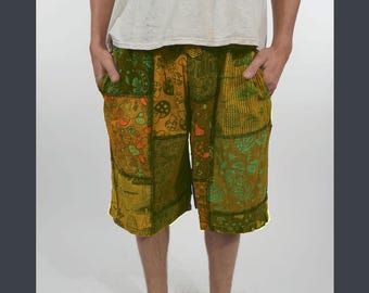 Stonewashed Mushroom Print Patchwork Shorts