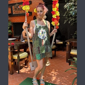 Patchwork Overall Mini Dress with Steal Your Face Cut out, applique and Embroidery