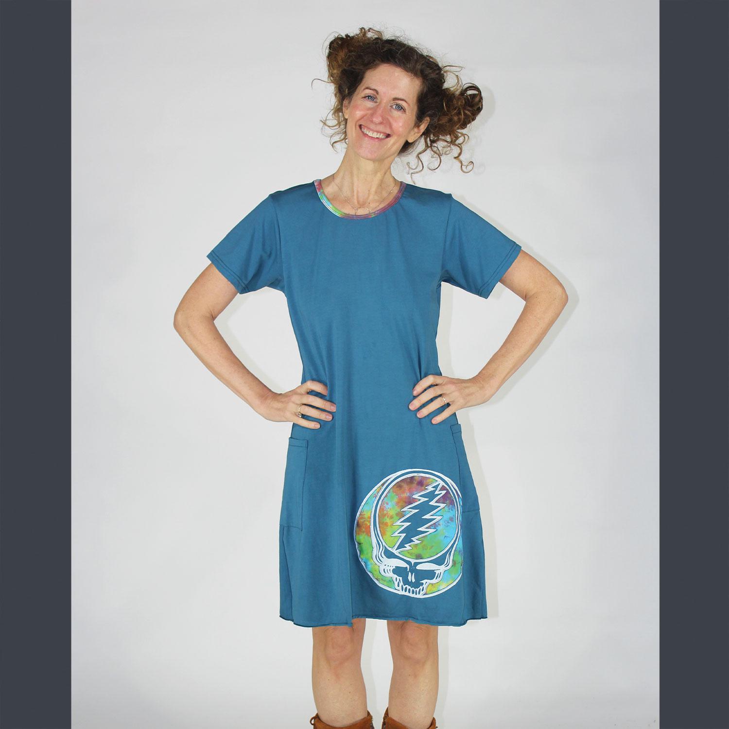 SUGAREE DRESS Cotton Lycra Cap Sleeve Mini Dress w/Grateful Dead Applique' & Rainbow Tie Dye Piping