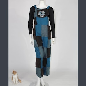 Può includere: Una tuta patchwork nei toni del blu e del marrone, con un emblema Steal Your Face sul petto. La tuta è indossata sopra una maglietta nera a maniche lunghe. Un gatto è seduto nell'angolo in basso a sinistra.