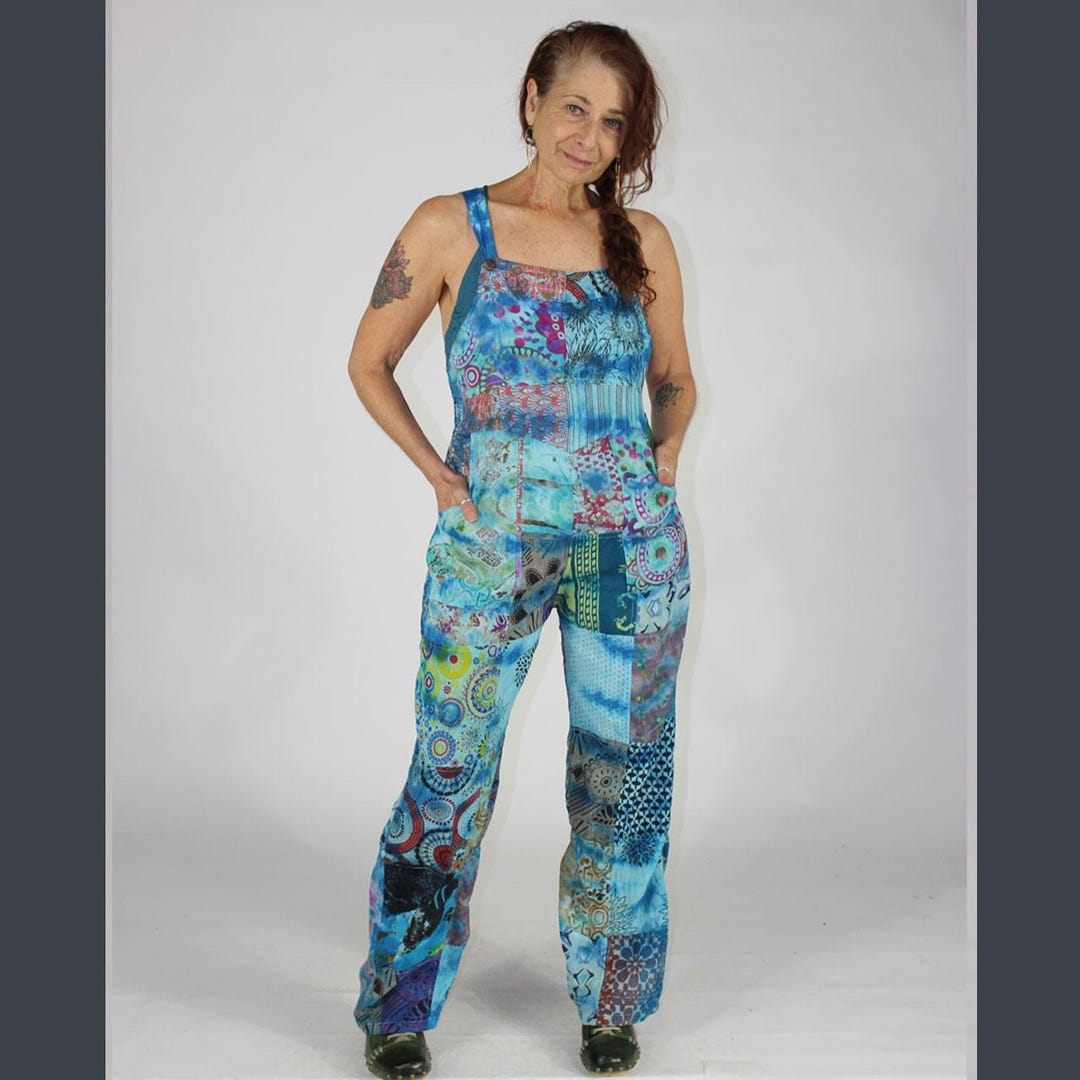 Cotton Patchwork Tie Dye Long Overalls W/ Back Bobbing and Adjustable ...