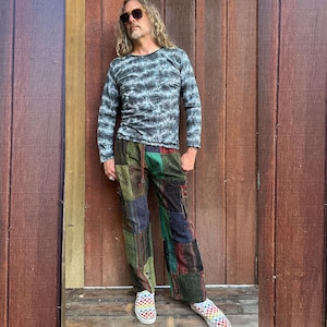 Boho Hippie Cotton Patchwork Drawstring And Elastic Waist Pants With Grateful Dead Assorted Block Prints