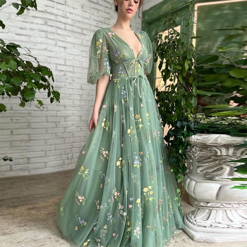 Fairycore Floral Dress Plus Size Green Embroidery Long Evening Etsy