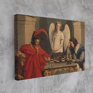 Faust And Mephistopheles Playing Chess Canvas, Frederich August Moritz, Floating Frame, Gallery Wall