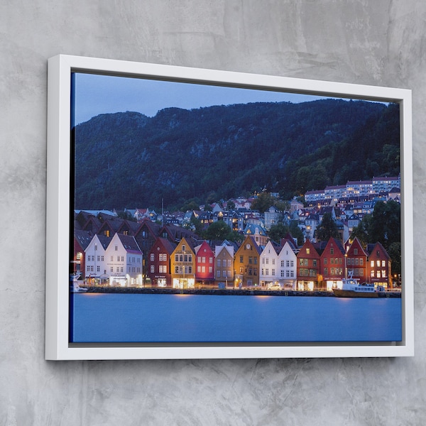 Bryggen Bergen Norway Art Canvas, Large Canvas Wall Decor, Framed Norway Scene