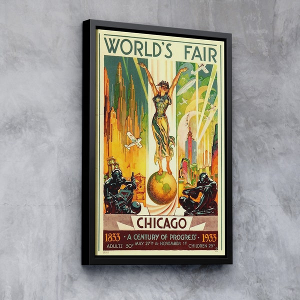 1933 Chicago World's Fair Travel Poster Canvas, Vintage Travel Canvas Decor, Framed World's Fair