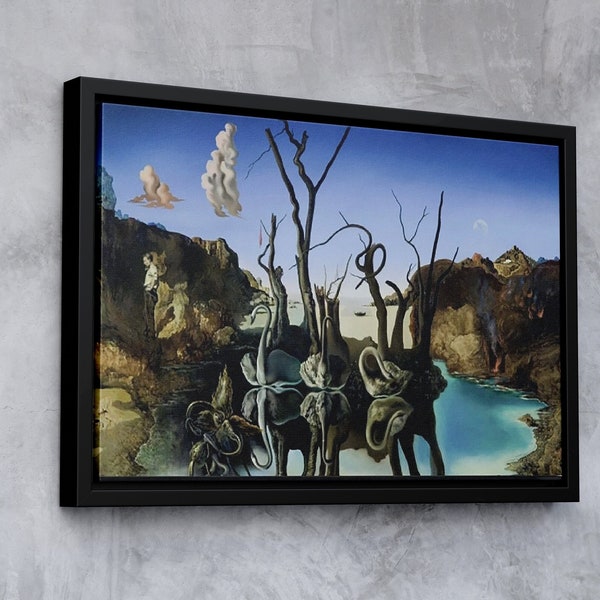 Salvador Dali Swans Reflecting Elephants Poster 1937, Salvador Dali Print, Surrealismus Kunst, gerahmte Dali Leinwand