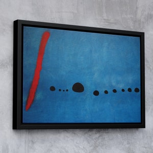 May include: Abstract painting featuring a single red vertical line and a row of black circles against a blue background.