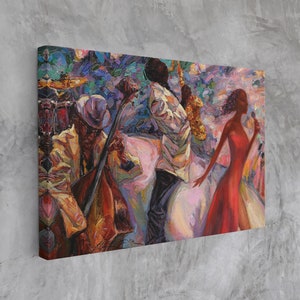 African Jazz Canvas, Jazz Oil Painting on Canvas Print, Roman Nogin ,Music Gift Jazz Club Decor Pianist Saxophone Jazz Music wall art
