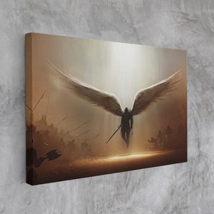 以下が含まれることがあります： 光線の中に立っている、大きな白い羽根を持つ天使のデジタルペイント。天使は鎧を着て剣を持っている。背景には、槍を持っている人物が多数いる。