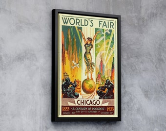 1933 Chicago World's Fair Travel Poster Canvas, Vintage Travel Canvas Decor, Framed World's Fair