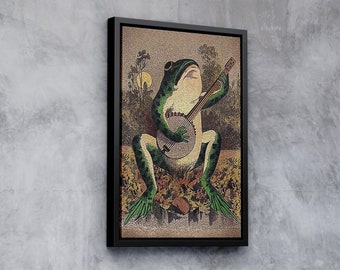 Ein Frosch spielt Banjo im Mondschein, Retro Poster, Vintage Poster, Art Deco, gerahmter Frosch