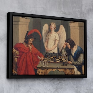 May include: A painting depicting a chess game between two men, with a winged angel figure standing behind the chessboard. The man on the left wears a red robe and a feathered hat, while the man on the right wears a blue and gold robe. The angel has a white robe and wings.