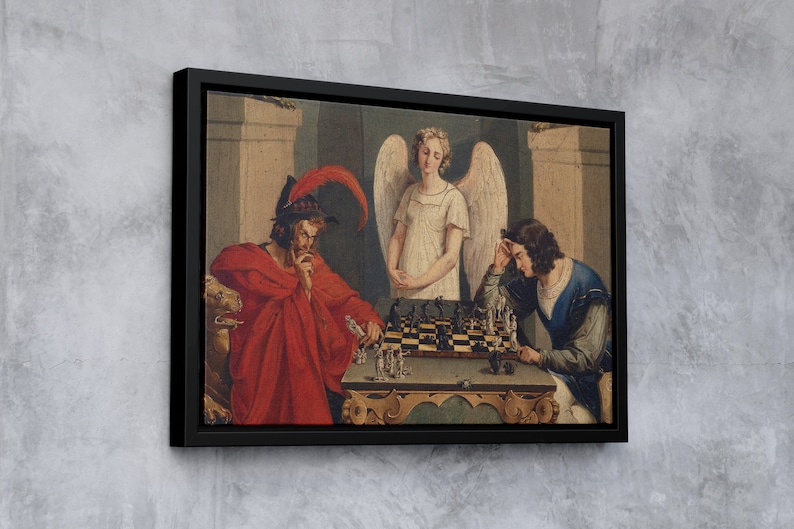 May include: A painting depicting a chess game between two men, with a winged angel figure standing behind the chessboard. The man on the left wears a red robe and a feathered hat, while the man on the right wears a blue and gold robe. The angel has a white robe and wings.