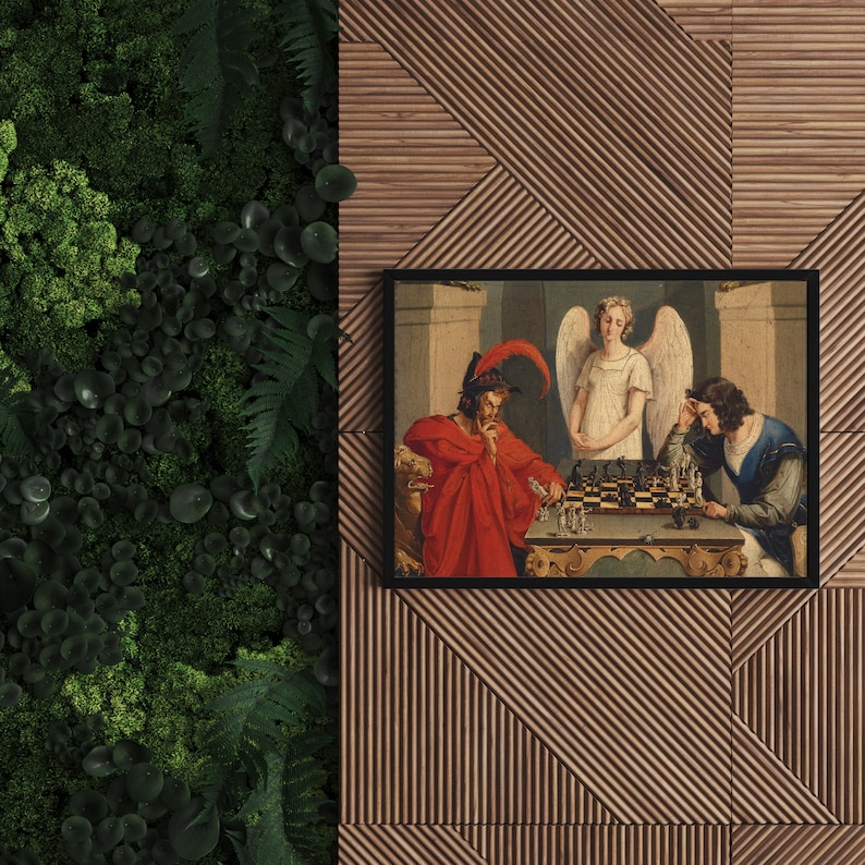 May include: A framed painting depicting three figures playing chess. The figures are a man in a red robe, a woman with wings, and a man in a brown robe. The painting is set against a background of a white wall and a wooden floor.