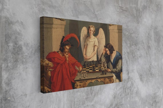 Faust And Mephistopheles Playing Chess Canvas, Frederich August Moritz, Floating Frame, Gallery Wall
