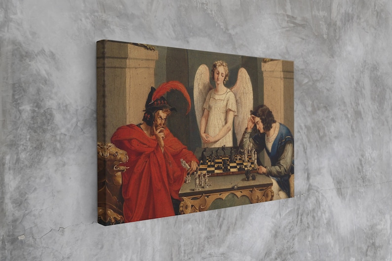 May include: A painting depicting three figures playing a game of chess. A man in a red robe sits on a throne-like chair, while another man in blue clothing stands and looks at the chessboard. A winged angel stands between them, watching the game.