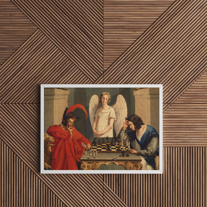 May include: A painting depicting three figures playing chess. A winged angel in a white dress stands behind a chessboard, while two men in period clothing play the game. The man on the left wears a red robe and a feathered hat, while the man on the right wears a blue and gold robe.