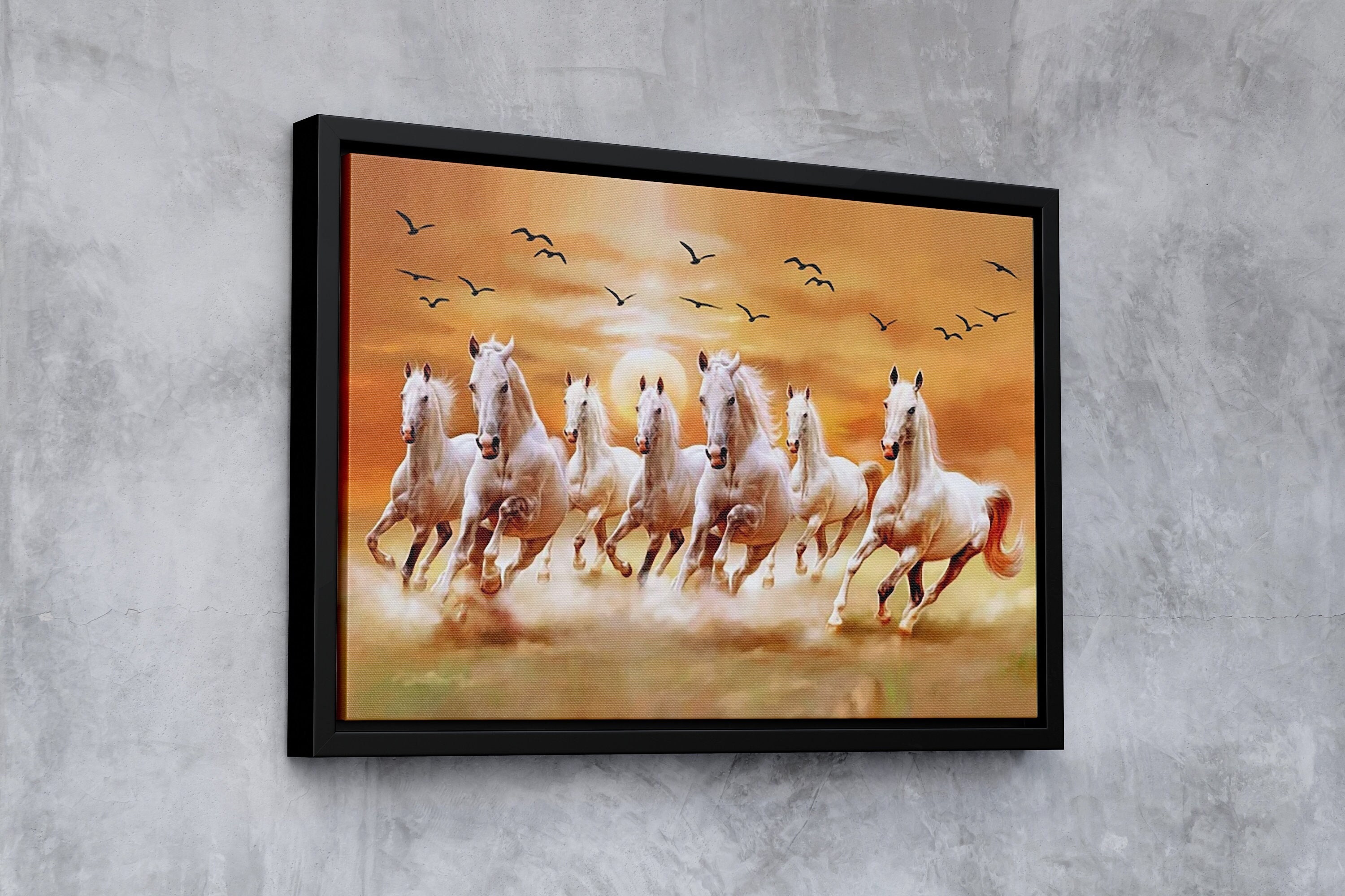 7 Running Horses and Birds Flying Canvas Wall Art, Horse Wall Art