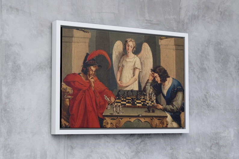 May include: A painting depicting three figures playing chess. A man in a red robe sits on the left, a woman with wings stands in the center, and a man in blue sits on the right. The chessboard is in the center of the painting.