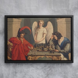 May include: A painting depicting a chess game between two men, with a winged angel figure standing behind the chessboard. The man on the left wears a red robe and a feathered hat, while the man on the right wears a blue robe. The angel is dressed in white and has a halo.