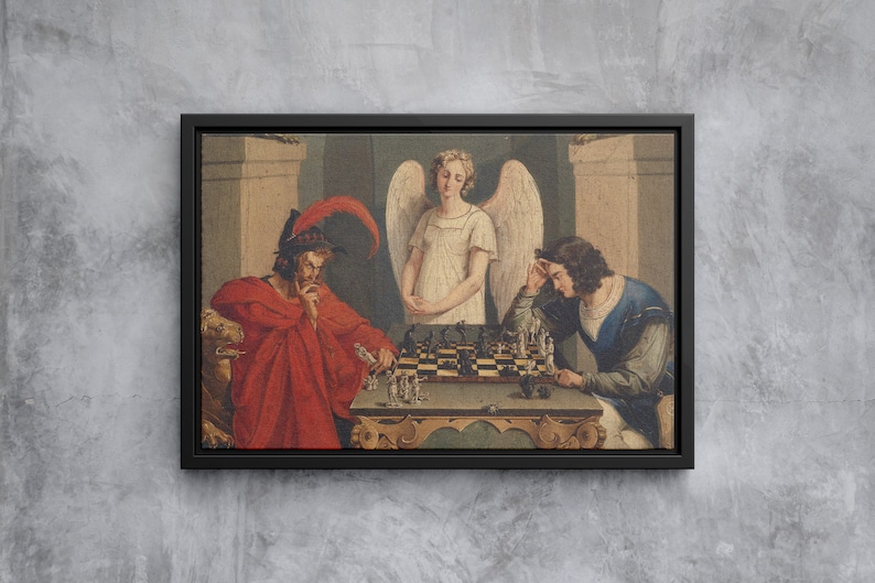 May include: A painting depicting a chess game between two men, with a winged angel figure standing behind the chessboard. The man on the left wears a red robe and a feathered hat, while the man on the right wears a blue robe. The angel is dressed in white and has a halo.