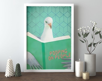 Pigeon Reading Pooping on People Book, Funny Bird Art Print, Bathroom Wall Art, Framed Wall Decor
