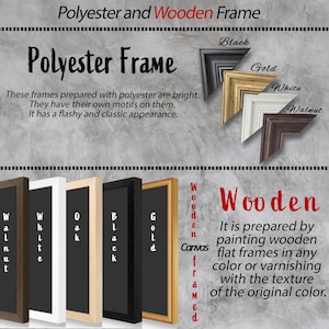 May include: Five different picture frames made of wood and polyester. The frames are in the colors black, white, oak, gold, and walnut. The text "Polyester Frame" and "Wooden Frame" are at the top of the image. The text "Canvas Framed" is on the right side of the image.