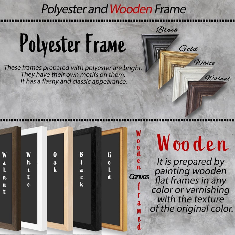 May include: Five different picture frames made of wood and polyester. The frames are in the colors black, white, oak, gold, and walnut. The text "Polyester Frame" and "Wooden Frame" are at the top of the image. The text "Canvas Framed" is on the right side of the image.