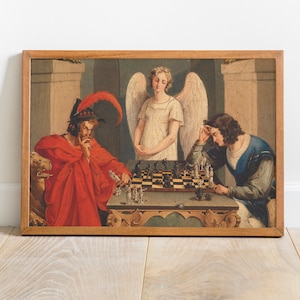 May include: A painting of three figures playing chess. A man in a red robe sits on the left, a man in blue sits on the right, and a winged angel stands behind the chessboard. The chessboard is set on a table with intricate carvings.