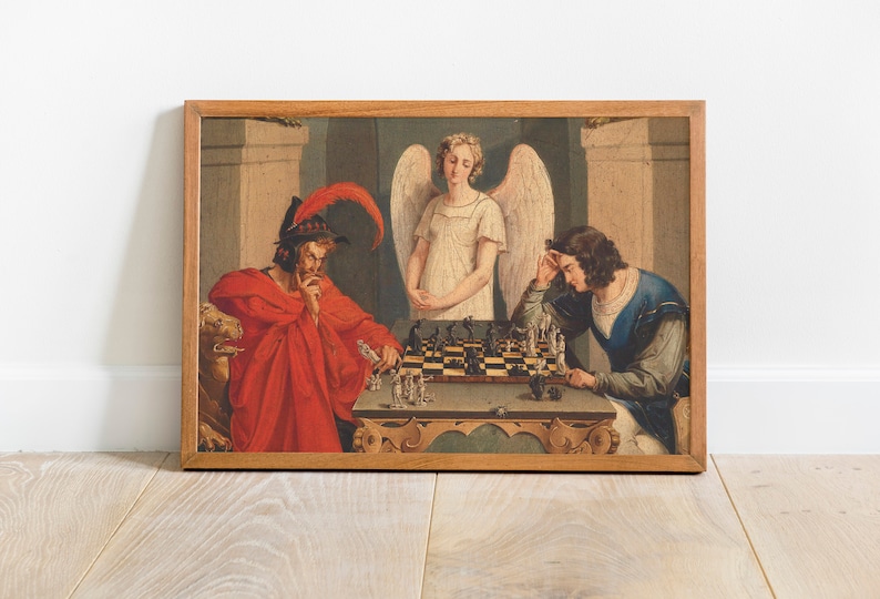 May include: A painting of three figures playing chess. A man in a red robe sits on the left, a man in blue sits on the right, and a winged angel stands behind the chessboard. The chessboard is set on a table with intricate carvings.