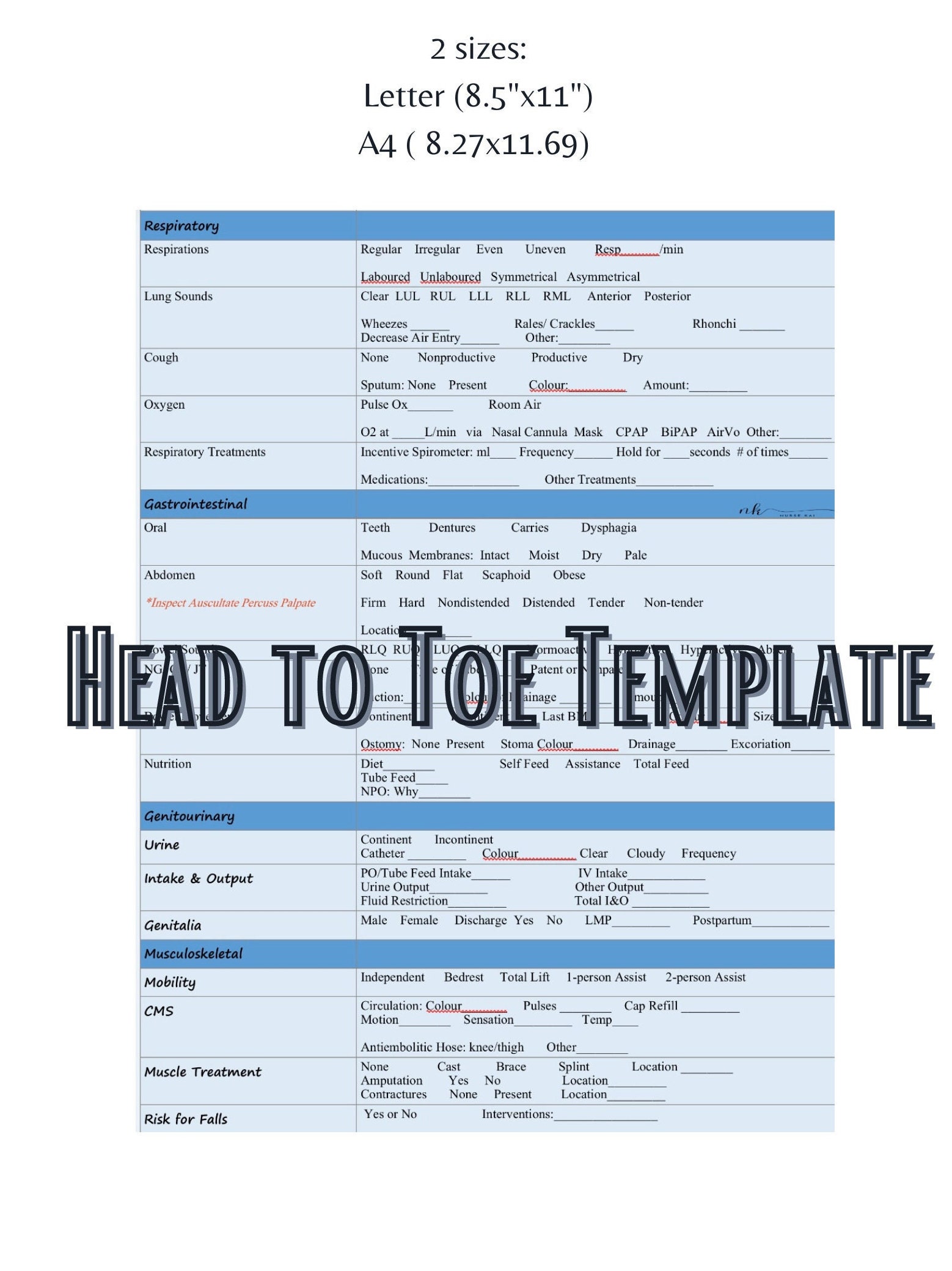 Head to Toe Assessment Template- Nursing Notes - Etsy