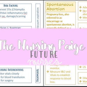 May include: A pink and white graphic with the text "The Nursing Paige FUTURE nurses" in a white font. The graphic also includes information about ectopic pregnancy, spontaneous abortion, and their risk factors, signs and symptoms, nursing interventions, and treatments.