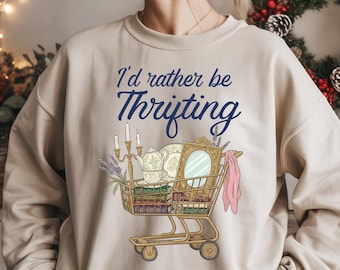 I’d Rather Be Thrifting PNG, Retro Thrifting PNG, Vintage Thrift Cart Graphic, Retro Blue Gold Aesthetic Shirt Design