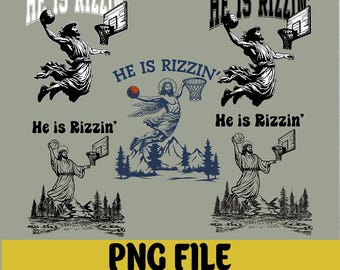 Funny Jesus Easter PNG Set, He Is Rizzin' 90s Vintage Christian Basketball Clipart Bundle, He Is Rizzin' Vintage 90s PNG