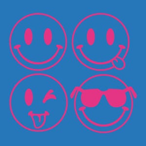 May include: Four pink smiley face designs on a blue background. Each smiley face has a different expression: smiling, sticking out tongue, winking with tongue out, and wearing sunglasses.