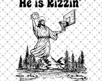 He is Risen Funny Easter Svg of Jesus Playing Basketball, Retro Christian Faith Religious Png,He Is Rizzin' Vintage PNG
