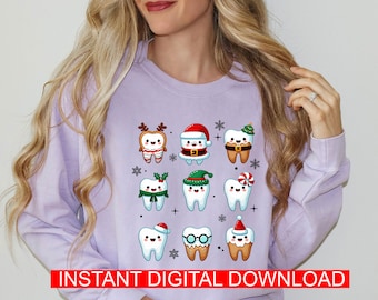 May include: A purple sweatshirt with a Christmas-themed design featuring cartoon teeth wearing Santa hats, elf hats, and reindeer antlers. The text "INSTANT DIGITAL DOWNLOAD" is at the bottom of the image.