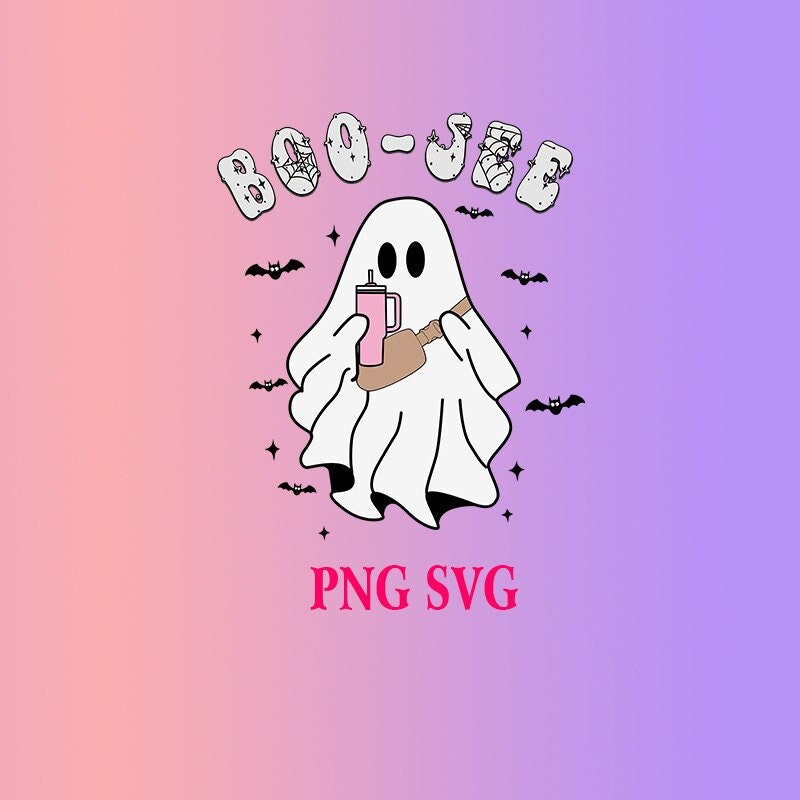Boo Jee Svg, Boo Jee Ghost, Boojee Ghost with cup and bag PNG, BooJee Stanley Tumbler Inspired Ghost PNG