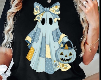 Patchwork Spooky Ghost Png, Cute Boo Ghost Coquette, Retro Halloween Blue Denim Ghost Png, Fall Pumpkin, Spooky Season Png