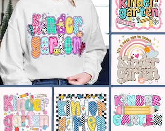 Preppy Kindergarten PNG Bundle, First Day of School, Kindergarten Png, Coquette Teacher Sublimation Clipart, Preppy Coquette Teacher Bundle