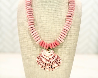 Handmade pink Ashanti Glass Bead seashell beaded necklace | African Trade Bead Necklace | Chunky Statement | Gifts for Her