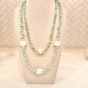 Set of 2 green Java glass Bead necklaces with white porcelain flower beads & pearl and gold saucer beads | Chunky Statement | Gifts for Her
